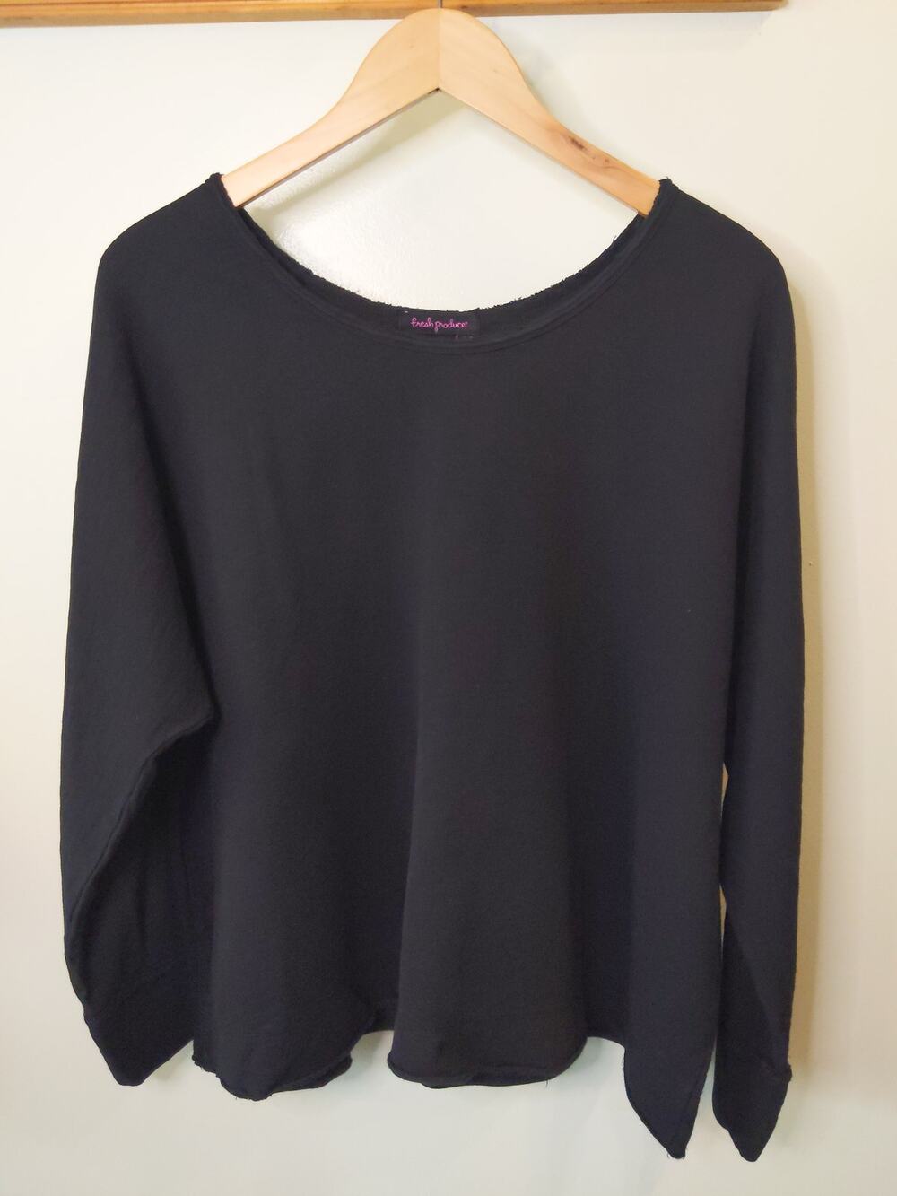 Fresh Produce Black Long Sleeve Raw Edge Top Cotton Blend Slub tee shirt XS/S